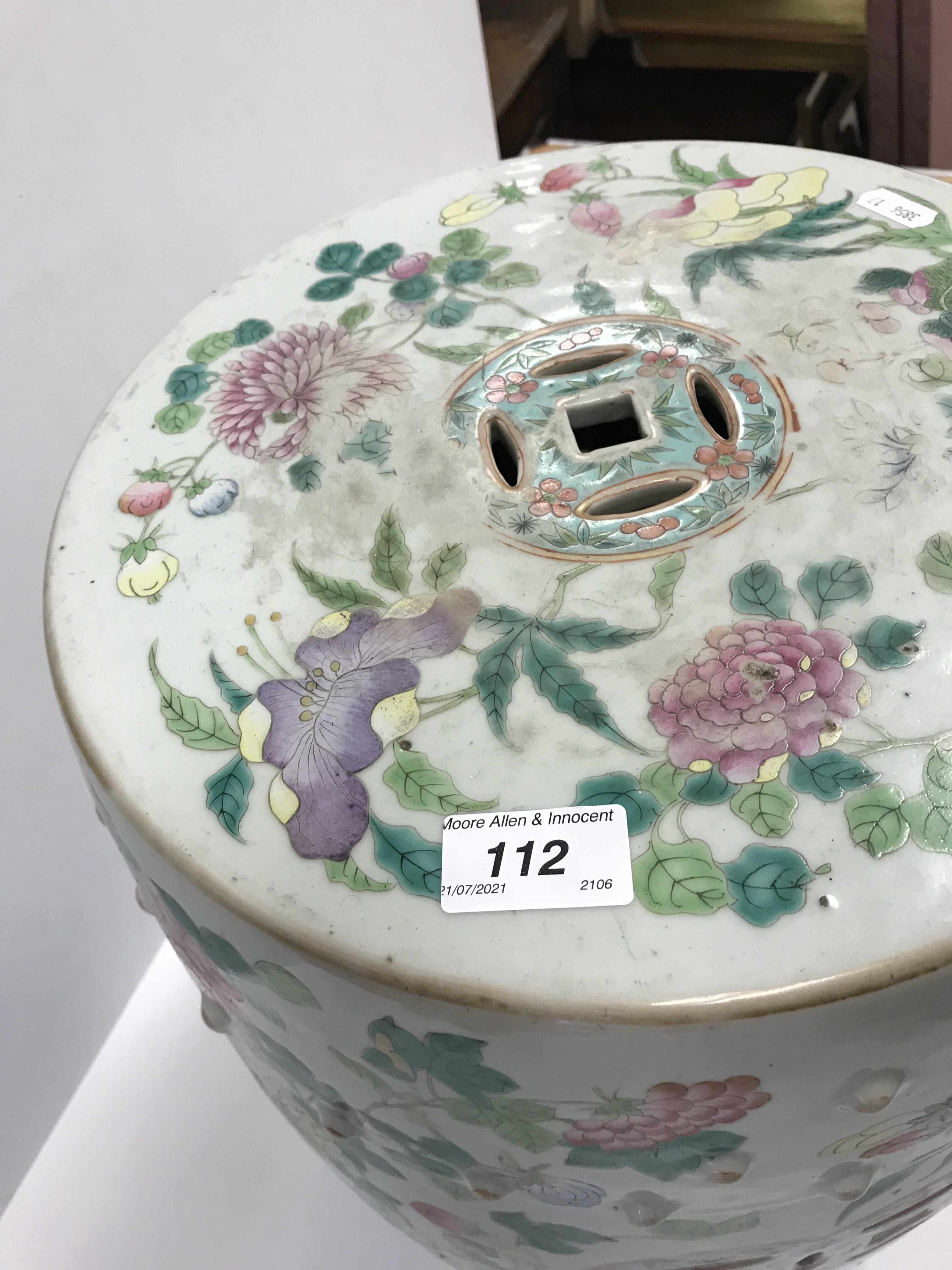 A 19th Century Chinese celadon glazed famile rose garden seat of barrel form, the top and sides with - Image 2 of 20