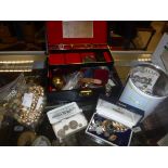 A box containing jewellery box of various costume jewellery, necklaces, brooches, watches, etc and a