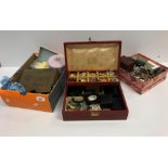 Two boxes of various costume jewellery including various necklaces, hair net jar, brooches, etc,