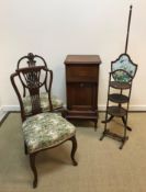 Two 19th Century mahogany salon chairs, a mahogany three tier cake stand, a mahogany pole screen
