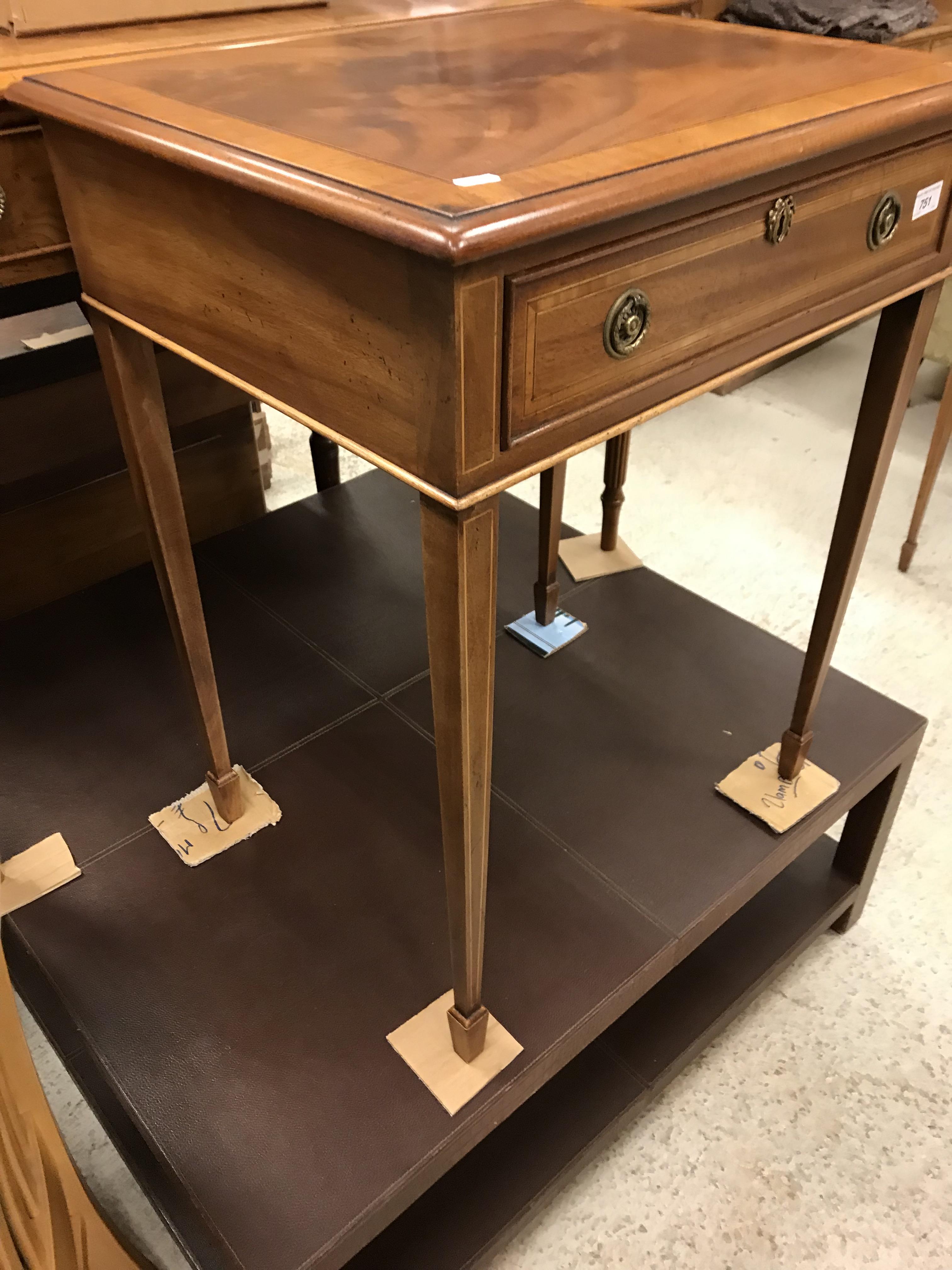 A pair of mahogany and inlaid lamp tables in the Regency taste, the cross-banded tops with moulded - Image 3 of 11