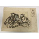 A collection of Japanese prints to include a Hokusai School study of two figures taking tea, image