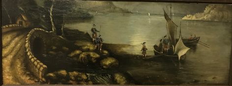 19TH CENTURY ENGLISH SCHOOL "Scottish lake scene with bridge in foreground and various figures in