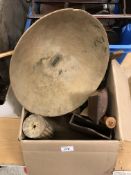 Three boxes containing a collection of various treenware including Art Deco carved wooden Corpus