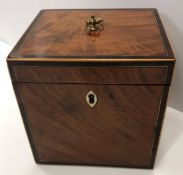 A late George III satinwood and mahogany banded single section tea caddy 11cm wide x 11.5cm high