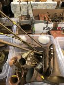 A box containing various brass and horn instruments including a Boosey & Hawkes Regent "Ilea"