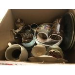 A box containing a Poole pottery bowl and vase, a Sylvac flower head dish No'd. 123 to back, various