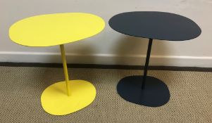 A graduated set of three painted iron "Lily" side tables in white 40 cm x 35 cm x 56 cm high, yellow
