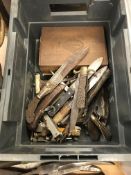 A box containing a collection of various pen knives, fruit and other folding knives including silver