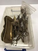 A box containing various 18th and 19th Century candle snuffers, snuffer parts and brass snuffer