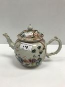 An 18th Century Chinese porcelain bullet shaped teapot, polychrome decorated with figures in a