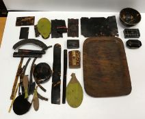 A collection of various mainly 19th Century tortoiseshell items including box, parasol handle,