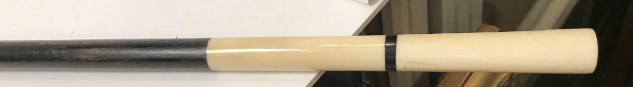 A late Victorian brass bound wooden walking stick bipod 92 cm long, a mahogany adjustable tripod