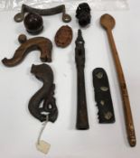 A collection of various objets de vertus including a 19th Century carved whistle stick handle, betel