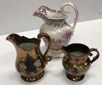 A collection of various china wares to include a puce transfer decorated toilet jug, small pearlware