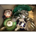 Three boxes of assorted china and plated wares, to include a collection of Royal Doulton Old Leeds