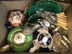 Three boxes of assorted china and plated wares, to include a collection of Royal Doulton Old Leeds