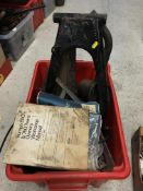 Two crates containing various motor cycle and automobilia including black painted iron forks,