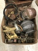 A collection of various copper, brass and other metalware to include a Middle Eastern pewter and