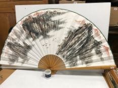 A collection of six modern Chinese printed fabric and bamboo fans of large proportions each