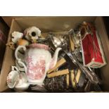 Two boxes of assorted china, to include Villeroy & Boch cut glass fruit bowl, assorted cutler etc