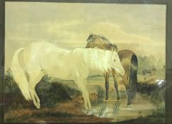ENGLISH SCHOOL "Study of horses in pond in landscape", watercolour, unsigned, image size 21 cm x