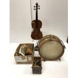 A collection of various musical items to include a pedestal mounted violin bearing label "Francois