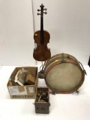 A collection of various musical items to include a pedestal mounted violin bearing label "Francois