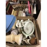 Two boxes of assorted glass and china wares, a box containing assorted table lamps and table mats, a