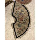 Three various Art Deco Chinese rugs, one in the form of a fan with black border 91 cm x 45 cm,