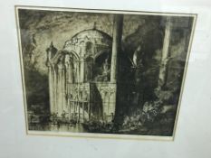 A collection of prints and engravings to include AFTER FRANK BARNGWYN "Study of Continental church",