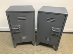 A pair of Cox & Cox grey painted industrial style bedside cabinets with air vents and metal drop