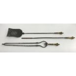 A set of three late 18th / early 19th Century brass-handled iron fireside tools of barley-twist