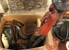 A box of various sundry items to include carved wooden figure of man with fish, first aid box,