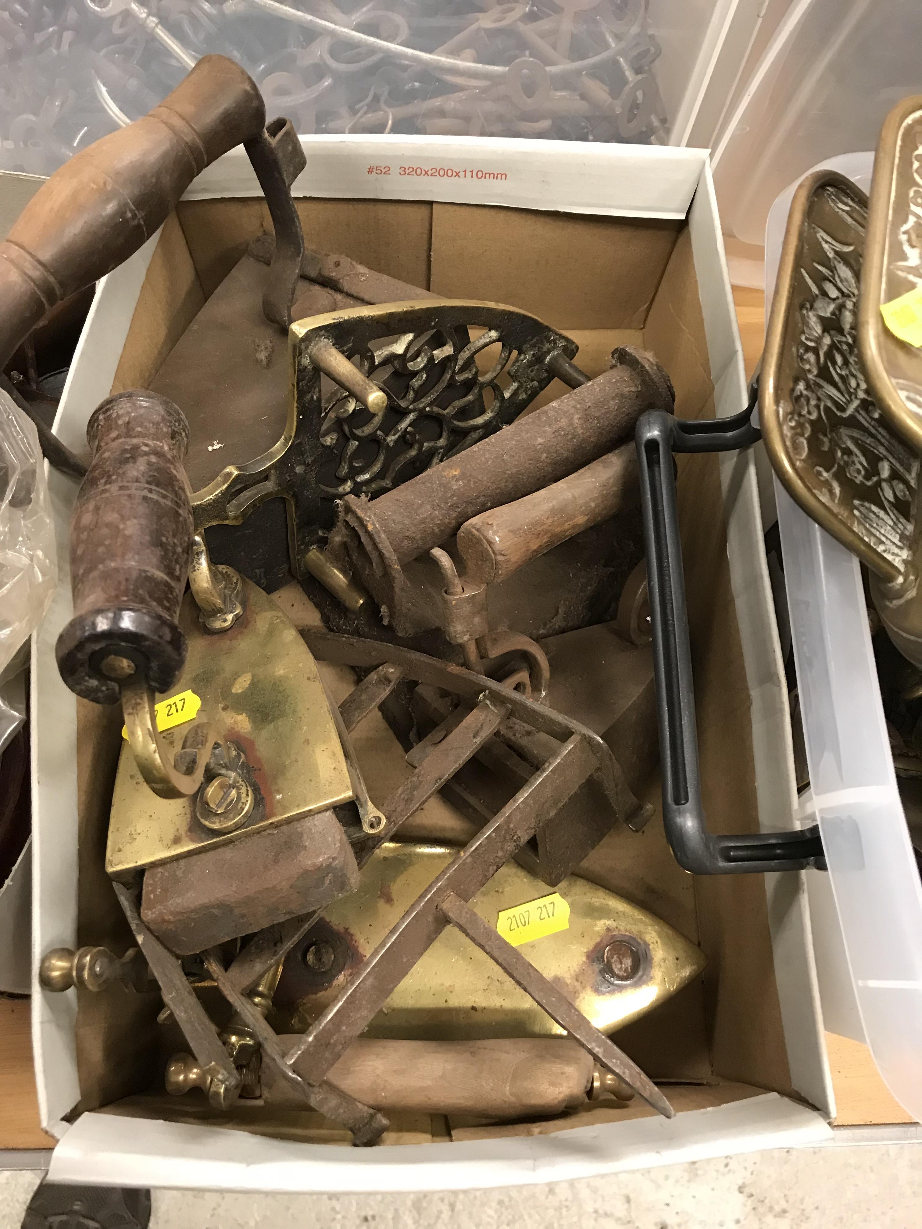 A small plastic crate of various metalware to include a set of four "bird" brass opium weights, a - Image 2 of 2