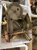 A crate containing a pair of brass panhandled chamber sticks engraved "Luckin Booth, Edinburgh