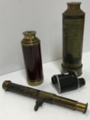 A wooden bound and brass eight draw telescope by Cox of London 77 cm long max, a brass nine draw