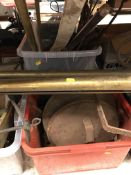 Seven crates and two boxes of metalware including corner plates, machinery wheels, tin boxes,