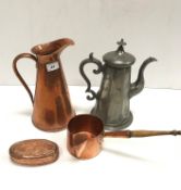 A collection of metalwares comprising a copper water jug approx. 28.5 cm high, pewter coffee pot