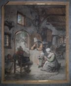 19TH CENTURY CONTINENTAL SCHOOL "Interior Scene with figures in foreground" watercolour and pen 24cm