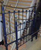 A Victorian blue painted iron and brass three quarter bedstead