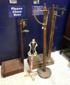 A set of oak and brass 14 lb sack scales by W & T Avery Ltd, Birmingham 134 cm high, a pine pillar