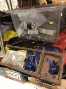 One crate and three boxes of various metalware including various door furniture, brass handles,