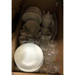 A box containing a Hoffman part dinner service with silver banded decoration, various cut glass