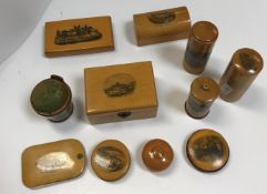 A collection of ten Mauchline ware items to include cylindrical box inscribed "Dover from the
