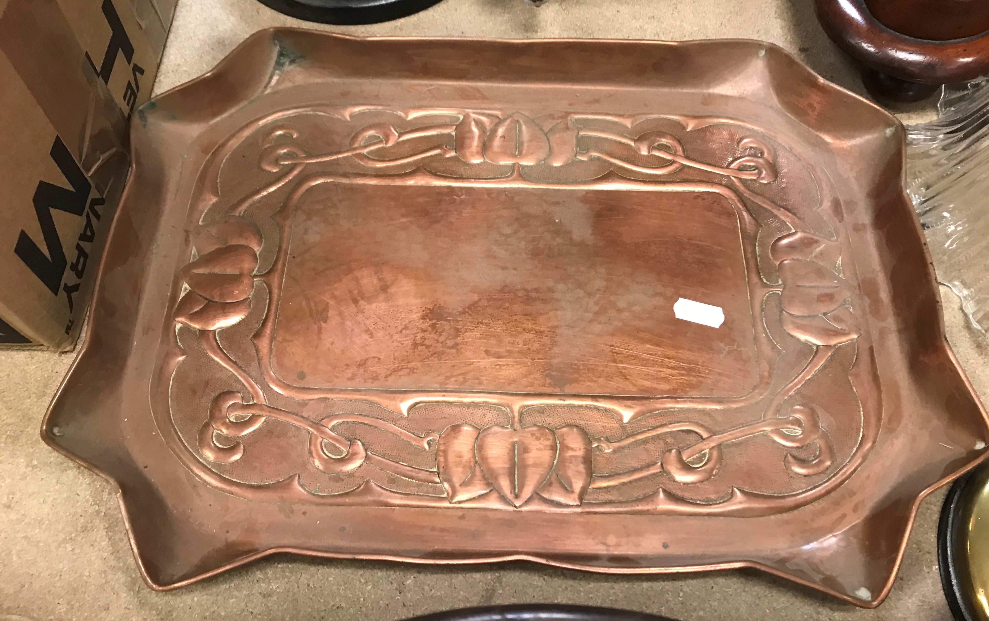 A collection of metal wares to include an Art Nouveau design embossed copper rectangular shaped - Image 2 of 2