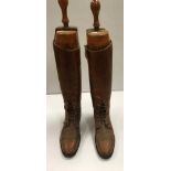 A pair of early 20th Century gents brown leather part laced hunting boots together with trees and