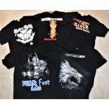 A collection of five various band t-shirts including "Burr Fest 2018", "System of a Down Mezmerize",
