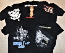 A collection of five various band t-shirts including "Burr Fest 2018", "System of a Down Mezmerize",