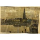 H SYKES "Harbour scene with cathedral in background", watercolour heightened with white, signed